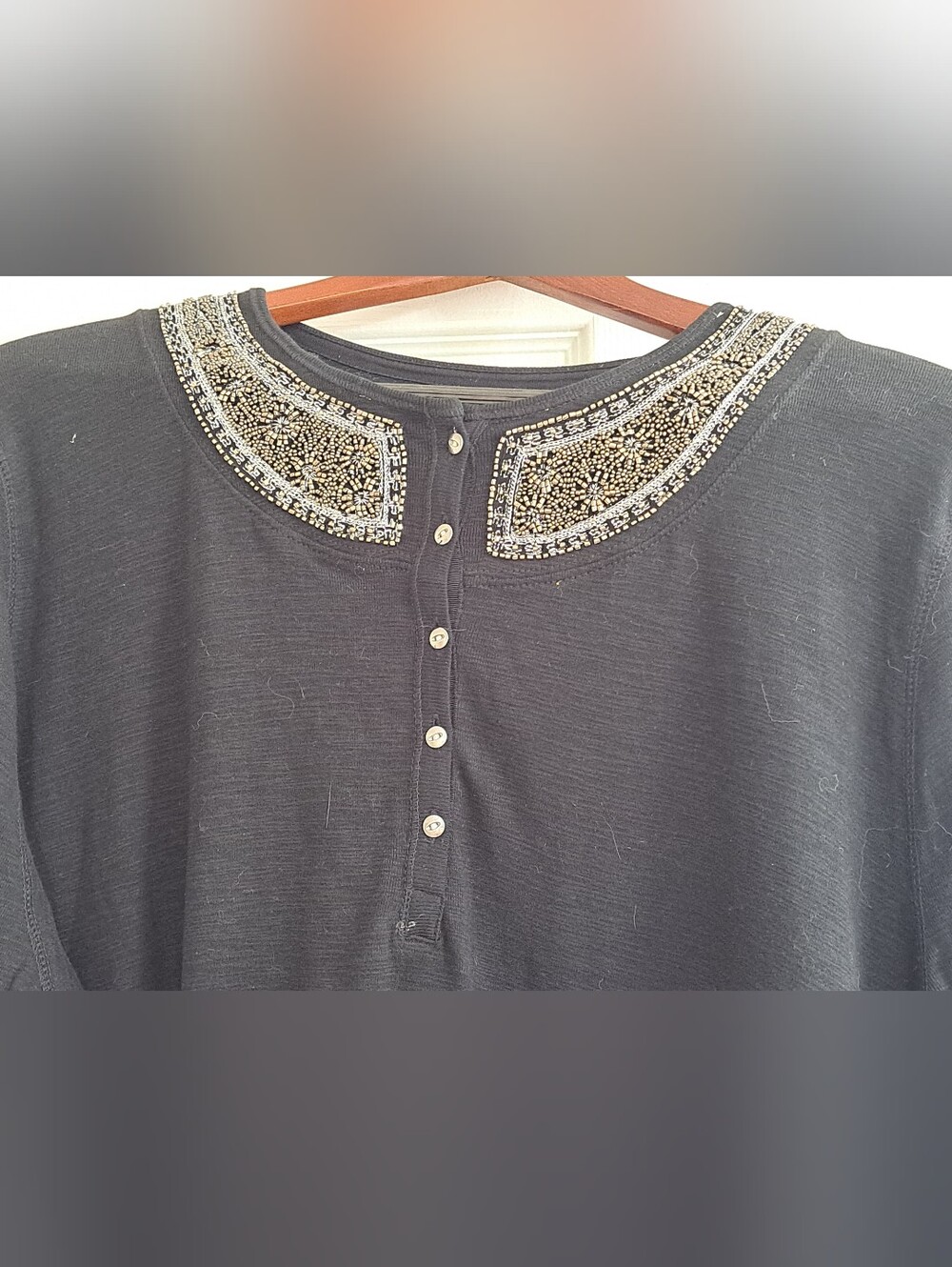 Chaps NWOT Black Long Sleeve Henley Top with Embellished Beaded Collar